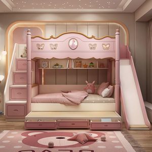 Niedliches Kinder-Prinzessinnen-Hochbett aus Holz mit Rutsche und hohem Geländer, zweistöckig, für Mädchen, modernes Design für Wohnzimmer - Product Image 1