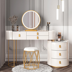 Cremeweißer Holz-Schminktisch mit Schrank Moderner Schminktisch mit LED-Spiegel Hochwertiger Minimalistischer Make-up-Tisch-Set - Product Image 1