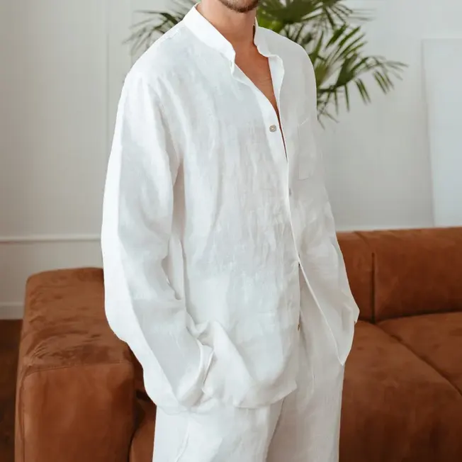 relaxed button shirt mens cotton linen wear top man two piece beachwear sets white mens 100% flex fiber summer 2-pc walking suit