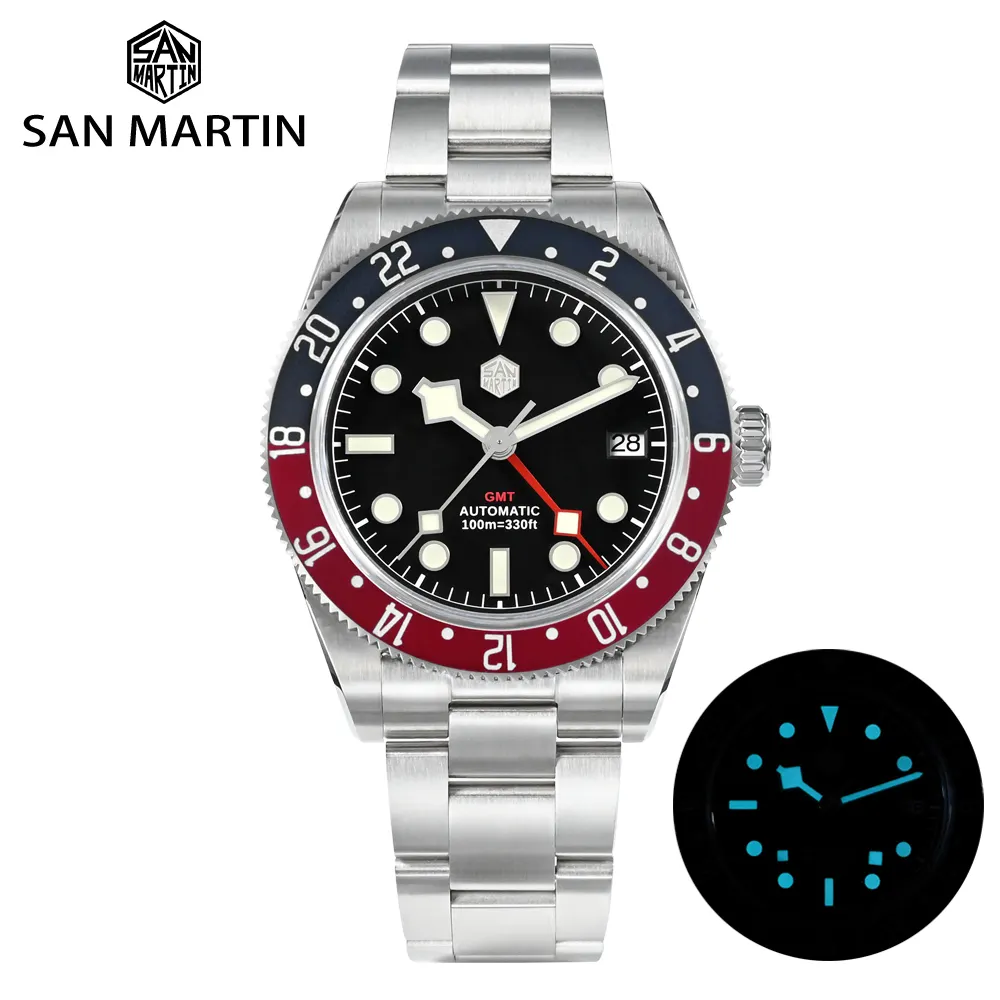 San martin jam tangan pria otomatis mekanik diver aluminium Bidirectional NH34 mewah Vintage GMT 10atm harga pabrik