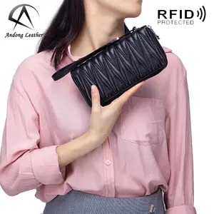 Andong चमड़े आरएफआईडी फैशन लंबे बटुआ पर्स महिलाओं के लिए बकरी चमड़े सुरुचिपूर्ण क्लच बैग बहुक्रिया जिपर बटुआ