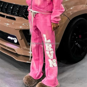 Pantalon de survêtement en molleton avec logo personnalisé 100% coton lavé à l'acide en éponge française baggy pantalon de survêtement évasé empilé pour hommes - Product Image 6