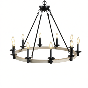 Lustre rustique style ferme à 10 bougies, en métal noir et bois, rond, hauteur réglable, base E12, luminaire d'intérieur - Product Image 1