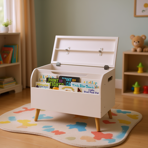 Caja de juguetes de madera con estantería frontal, tapa abatible, bisagra de seguridad, organizador para guardar juguetes de niños, banco para sala de juegos - Product Image 2