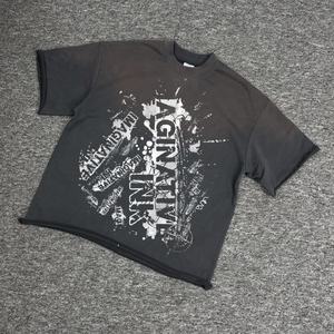 Parche desgastado de peso pesado de alta calidad bordado lavado con ácido ropa de calle de gran tamaño camisetas con hombros caídos rizado en blanco liso - Product Image 1