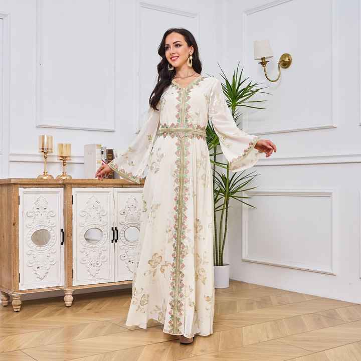 Fashion Muslim Chiffon Gold Stamping Abaya Dress for Women Lace Tape Trim V Neck Ruffle Sleeve Moroccan Jalabiya Eid