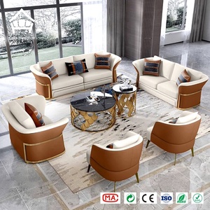 Ensemble de meubles de salon : Canapé en cuir véritable, table basse à plateau en marbre, meuble TV matelassé pour la conception de villas, personnalisation complète de la maison - Product Image 1