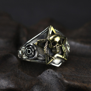 Gerçek saf 925 ayar gümüş Viking halkası kafatası Pentagram gotik Punk Rock gül çiçek oyma Resizable erkekler ve kadınlar için kadın - Product Image 3