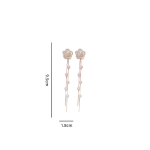 Boucles d'oreilles coréennes à fleurs creuses et perles, nouveau style avec strass, longues franges florales bohèmes - Product Image 5