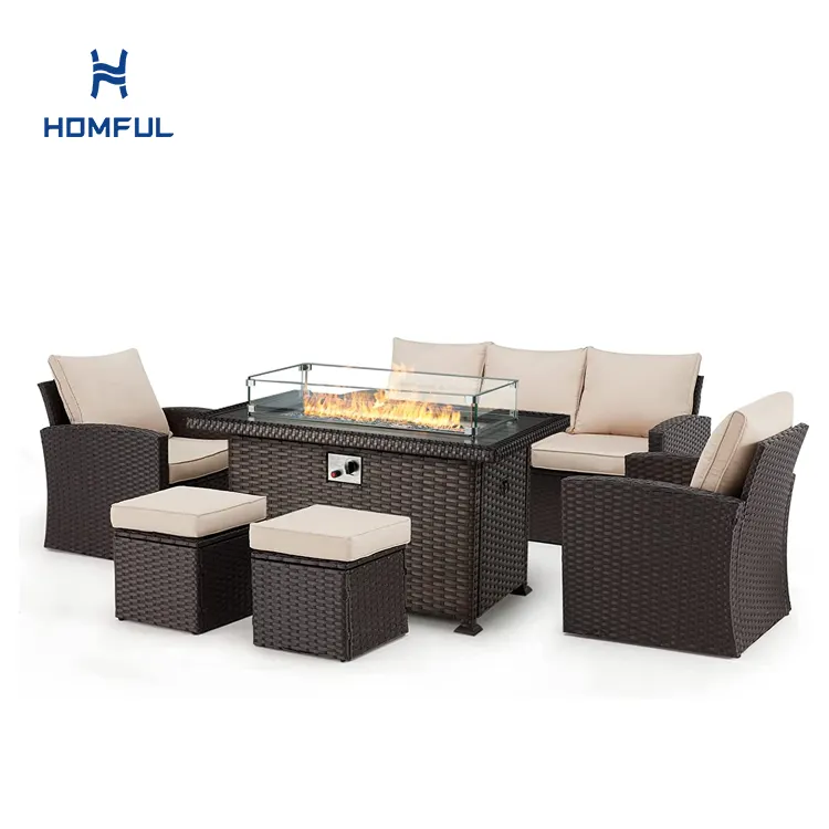 HOMFUL Bộ Sofa Ngoài Trời Vườn Mây Đan Bằng Liễu Gai Bộ Đồ Nội Thất Sân Trong Có Hố Lửa