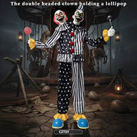 Vente Flash Transfrontalière Halloween : Grand Clown Mécanique Électrique Lumineux à Induction, Double Tête, en Tissu Latex Rayé à Pois