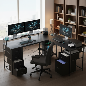 Escritorio para computadora reversible en forma de L de 66 pulgadas en madera negra con cajón para archivos, tomacorrientes y luces LED, muebles para oficina en casa - Product Image 2