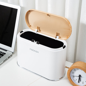 Feidash Wood Grain Lid Mini Desktop Wastebasket 4L Rectangular <b>Push</b> Button Storage Bucket For Home Office <b>Car</b> - Product Image 4