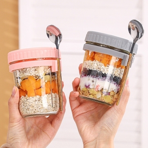 350Ml Draagbare Glazen Ontbijt 'S Nachts Havermetselaar Potten Plastic Bakje Met Deksels En Lepel Stro <span class=keywords><strong>Set</strong></span> Voor 'S Nachts Haver - Product Image 1