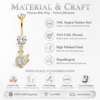 Anneaux de nombril en acier chirurgical 316L doré avec zircone cubique, bijoux de piercing de nombril pendantes, motifs Cygne, Fleur, Nœud, Cœur, Croix, bijoux corporels, vente en gros