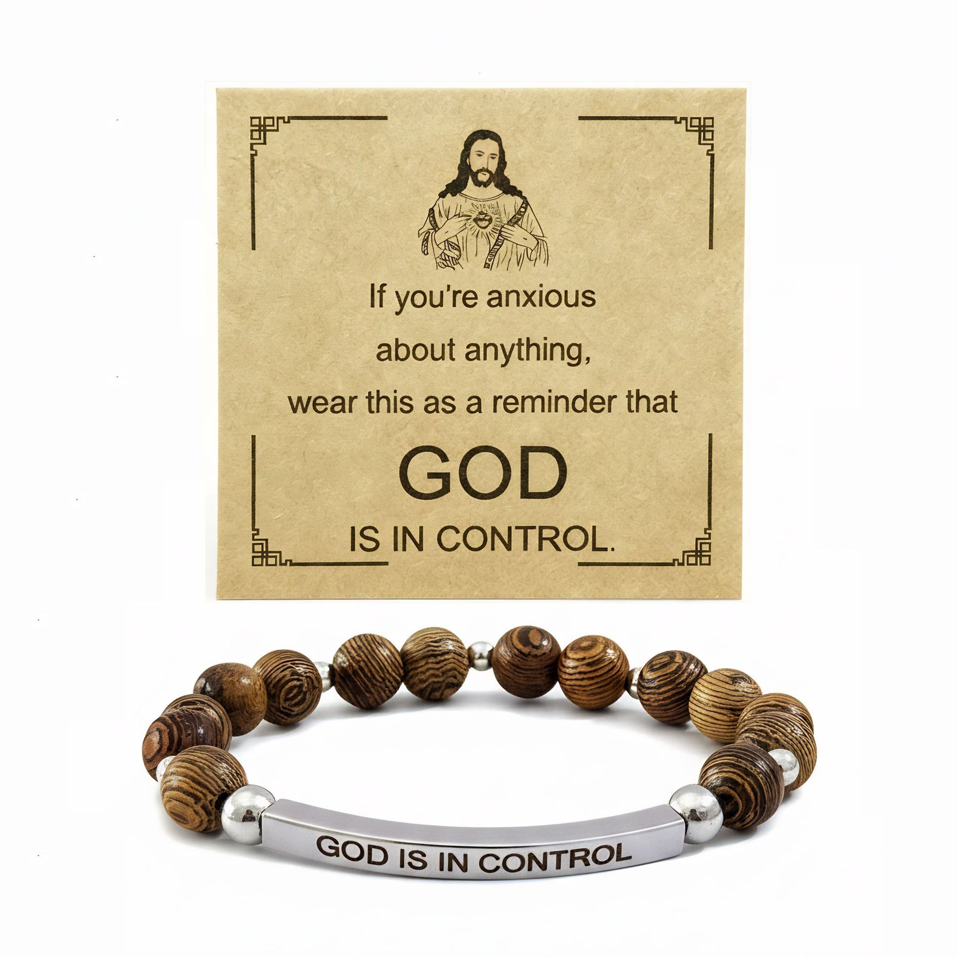 Pulsera elástica con cuentas de madera plateada
