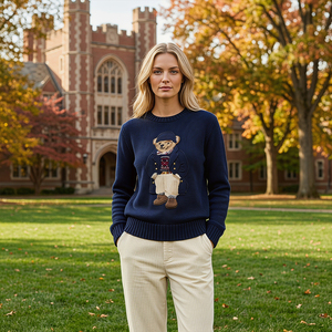 Pull jacquard personnalisé motif ours pour femme, tricot léger 7GG, style rétro, motif animal, mélange de laine pour le <span class=keywords><strong>printemps</strong></span> - Product Image 3