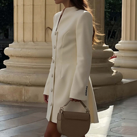 Robe Mini Élégante pour Femme de Bureau, Unie, Manches Longues, Col en V, Boutonnée, Taille Cintrée, Coupe Droite
