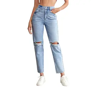 Calça jeans feminina personalizada azul comprimento curto respirável jeans longo reto de cintura alta para mulheres mamãe jeans