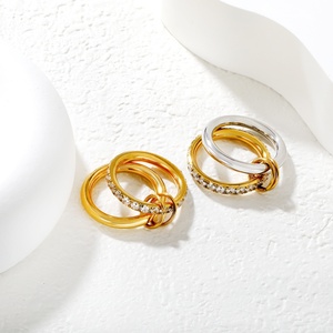 Bijoux en acier inoxydable plaqué or 18 carats, ensemble de bagues bicolores, zircone cubique, anneaux empilables entrelacés pour femmes, bijoux tendance - Product Image 3