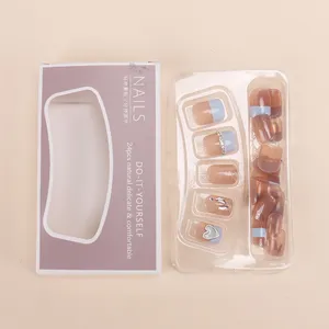 Pacote personalizado de marca própria 24 peças de gel macio para unhas falsas, caixão longo, unha falsa artesanal, prensado para unhas