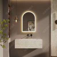 Ensemble de meubles de salle de bain en bois massif écologique, résistant à l'eau, de style classique moderne, sur mesure, avec vasque marbrée et éclairage LED