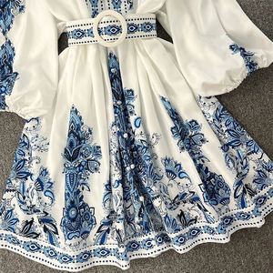 2024 alta qualità abito Vintage sottile Midi per le donne con scollo a V manica lunga stile impero stampato abiti bohémien - Product Image 4