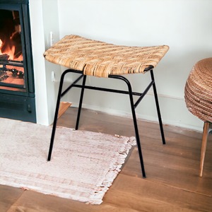 Handmade Natural <b>Vintage</b> Style Woven Rattan <b>Stool</b> Modern Armless Outdoor Dining Bar Party Living Room Restaurant Metal Frame - Product Image 4