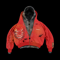 Sudadera con capucha de corte holgado estilo streetwear, con cremallera completa, doble capa, 600 g/m², corte crudo en el bajo, lavado ácido, efecto desgastado por el sol, con tachuelas y pedrería, para un ajuste cómodo.