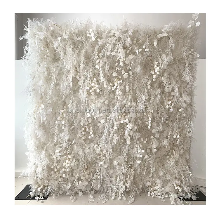 Longue draperie personnalisée blanc crème 3D mur de fleurs en plumes poilues avec orchidée papillon mur floral enroulé pour toile de fond de mariage