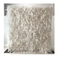 מותאם אישית ארוך וילונות קרם לבן 3D שעיר נוצת פרח קיר עם פרפר סחלב להפשיל פרחוני קיר עבור רקע חתונה
