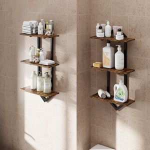 Iron Wood Floating <b>Shelf</b> <b>Wall</b> <b>Mounted</b> 2 Tier Storage Rack For Bathroom Kitchen Living Room Organization - Product Image 1