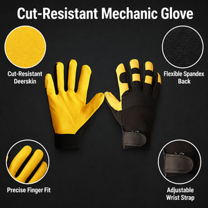 Gants de travail anti-coupure pour mécaniciens, paume en cuir jaune, dos en Spandex, poignet à Velcro, résistants aux coupures, gants de sécurité industriels, vente en gros OEM - Product Image 3