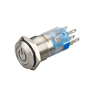Interruptor de lámpara LED de cabeza plana, 16mm, 1no1nc, ip67, resistente al agua, botón pulsador, anillo, símbolo de potencia
