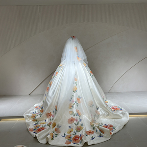 Spjy001 Luxury Ivory Floral Print Wedding Satin Princess Ball Gown Sweetheart Draped Bodice Floor-Length Watteau Train Color - Product Image 3