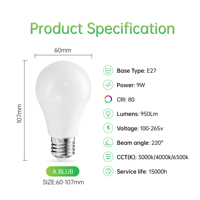 E27 230V50Hz Temperatura color ajustable 2700K blanco cálido/4000K blanco neutro/6500K blanco frío con memoria CE iluminación sa
