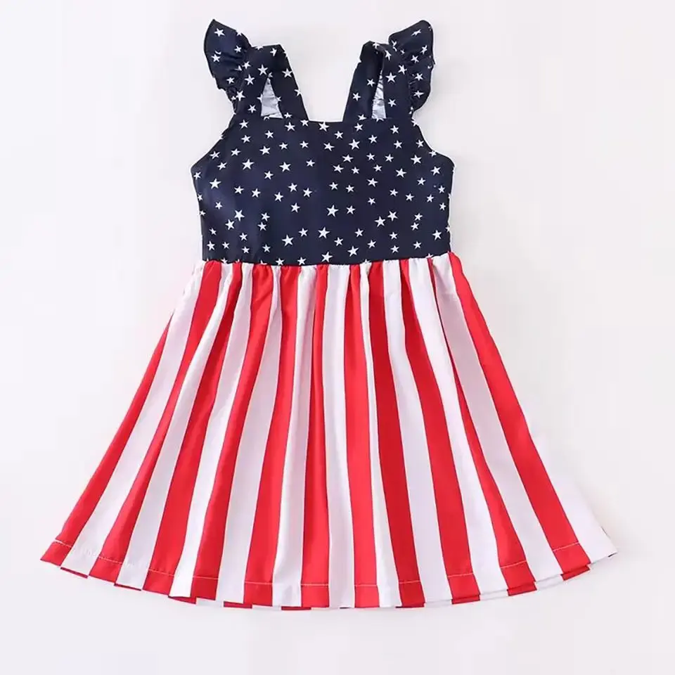 Pre-order summer 4th of july navy stars top kids fancy dresses baby girls' dresses children striped dresses