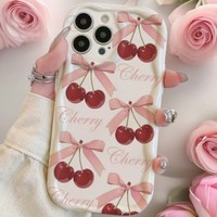 Coque de téléphone portable en silicone TPU avec bord ondulé, imprimé cerise rouge et nœud papillon, pour iPhone X Xr Xs Max 11 12 13 14 15 16 17