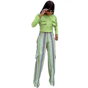 W6646 Fall New Women Clothes Button Short Tops+High Waist Pants Womens Casual Suit O-Neck Shirt And Striped Pants Set