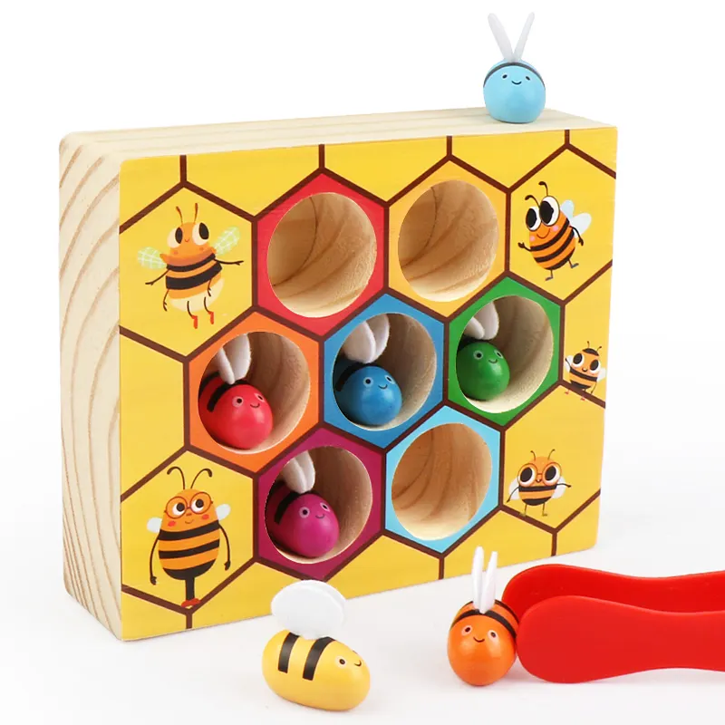 Jouet de motricité Fine pour tout-petit, pince abeille à ruche, jeu de correspondance, Puzzle de tri des couleurs en bois Montessori