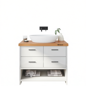 Meuble-lavabo de salle de bain en bois massif, 39,4x23,6 pouces, finition brun clair, design moderne avec tiroirs, sur pied - Product Image 1