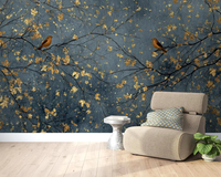 Papier peint mural luxueux bleu foncé et or avec des oiseaux et des arbres pour hôtel, salon, chambre à coucher, décoration murale intérieure avec feuilles métalliques