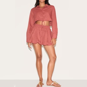 Conjuntos de Dos Piezas de Moda para Mujer, Trajes de Lino y Algodón Sólido de Alta Calidad, Pantalones Cortos por Encima de la Rodilla y Blusas de Manga Larga - Product Image 4
