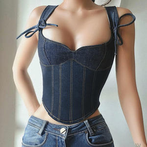 2023 Cross-border primavera gilet Sexy Sexy da ragazza Sexy tutina da donna t-Shirt sottile reggiseno in Denim dimagrante - Product Image 1