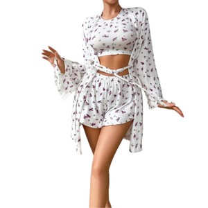 Pyjama trois pièces en tricot imprimé, style européen et américain, cardigan à manches longues et short, pour femme, ample et confortable - Product Image 5
