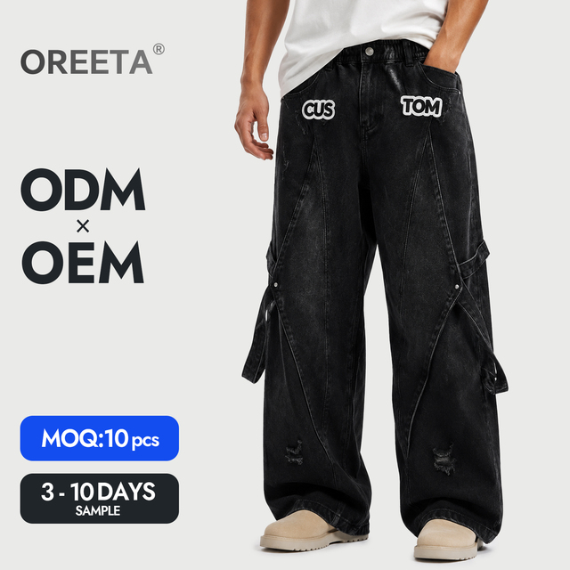 Streetwear Custom Denim Clothing Manufacturer Embroidery Cut and Sew Appliquet Patch Stonewashed Denim Jeans Pants for Men