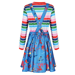 Robe Chucky pour femme, costume de cosplay d'Halloween, tenue de fête à thème d'horreur, jupe bleue rayée à manches longues - Product Image 1