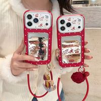 Étui de téléphone avec porte-cartes miroir pour iPhone 15/14/13 Pro Max, TPU antichoc, motif animal mignon, sangle et bandoulière, protection de l'appareil photo