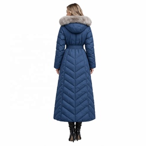 Veste matelassée pour femme - Manteau long en duvet avec capuche en fourrure, <span class=keywords><strong>ceinture</strong></span> élégante, coupe ajustée, matelassage en chevron, parka d'hiver pour un usage quotidien - Product Image 3