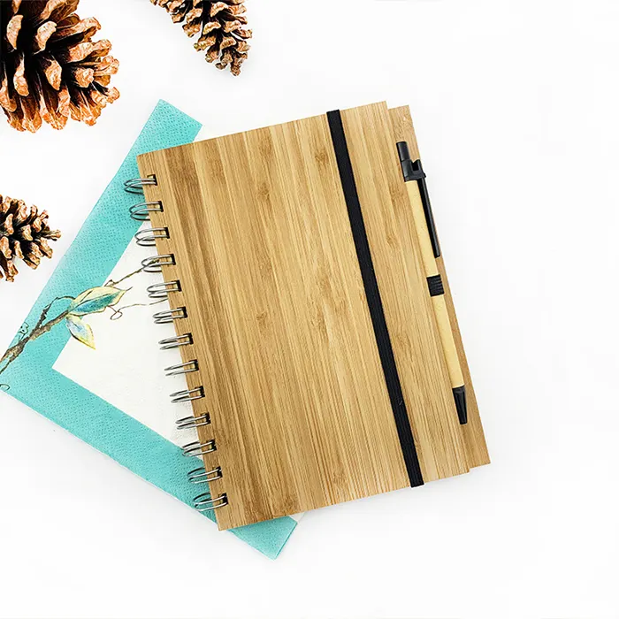 custom logo wooden bamboo cover spiral journal notebook a5 with ballpoint pen